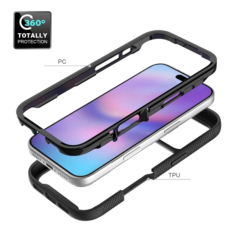 For iPhone 18 Pro Case PC + TPU Shockproof Phone Cover with Lens Protector + Screen Protector - Sort