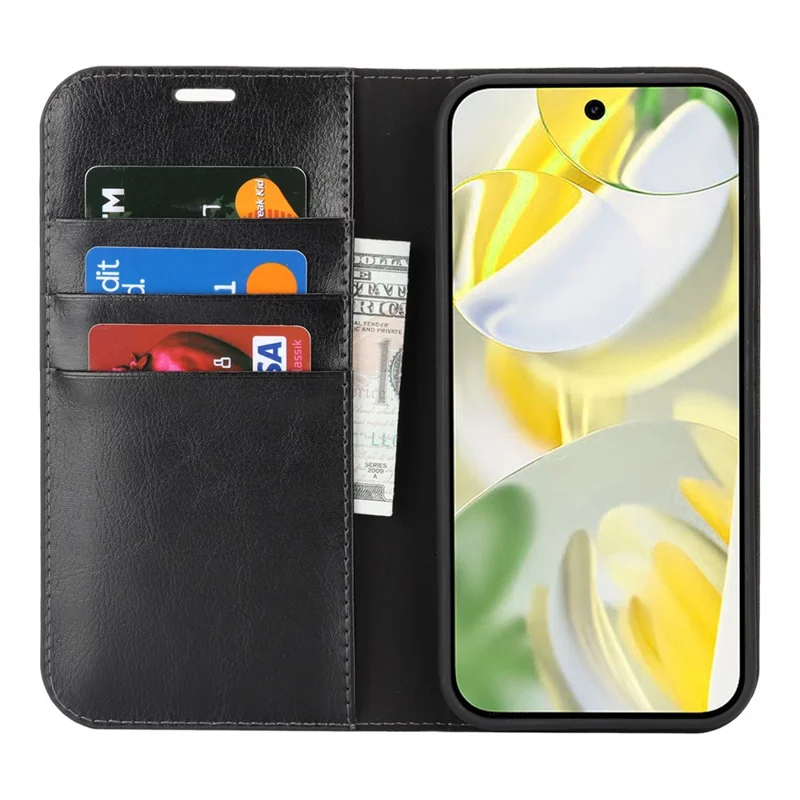 Etui na Google Pixel 11, portfel z naturalną fakturą skórzaną w stylu Crazy Horse, pokrowiec z miękką warstwą TPU - Czarny