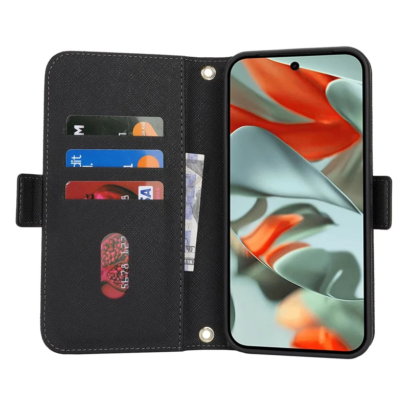 Für Google Pixel 10 Pro XL Standtasche, Kreuzstruktur PU-Leder Brieftasche-Handyhülle mit Schultergurt / Schminkspiegel - Schwarz
