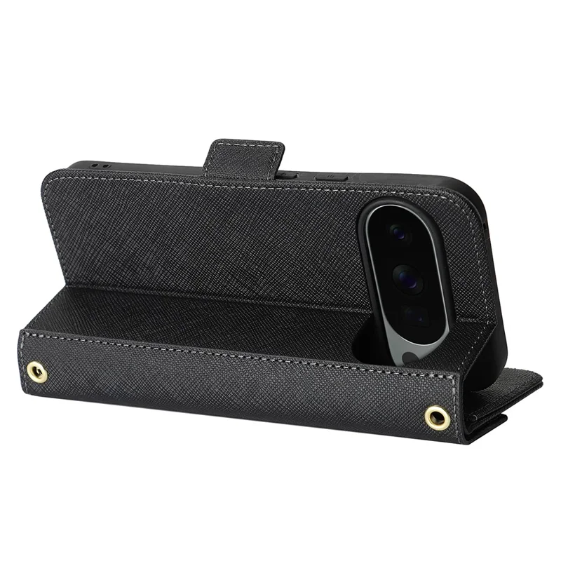 Für Google Pixel 10 Pro XL Standtasche, Kreuzstruktur PU-Leder Brieftasche-Handyhülle mit Schultergurt / Schminkspiegel - Schwarz