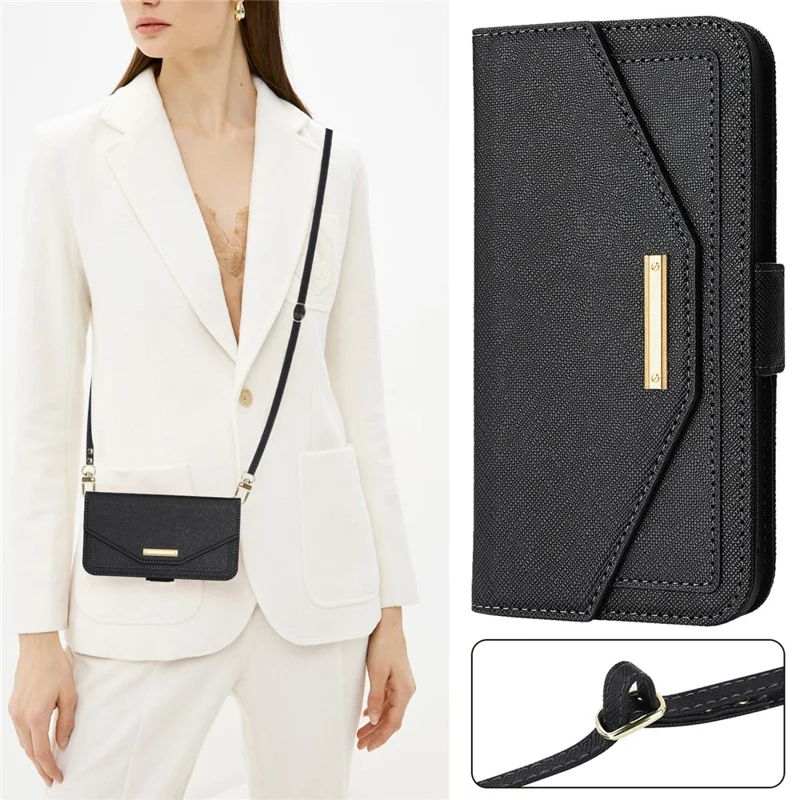Für Google Pixel 10 Pro XL Standtasche, Kreuzstruktur PU-Leder Brieftasche-Handyhülle mit Schultergurt / Schminkspiegel - Schwarz