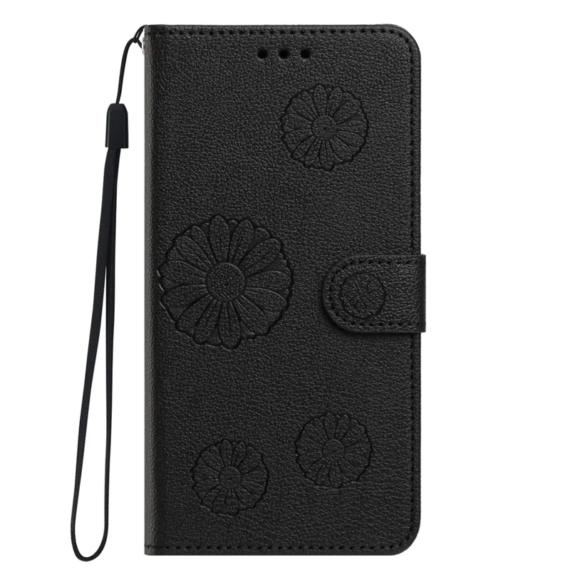For iPhone 18 Pro Max / 17 Pro Max Wallet Case Daisy Pattern PU Leather Phone Cover with Wrist Strap - Black