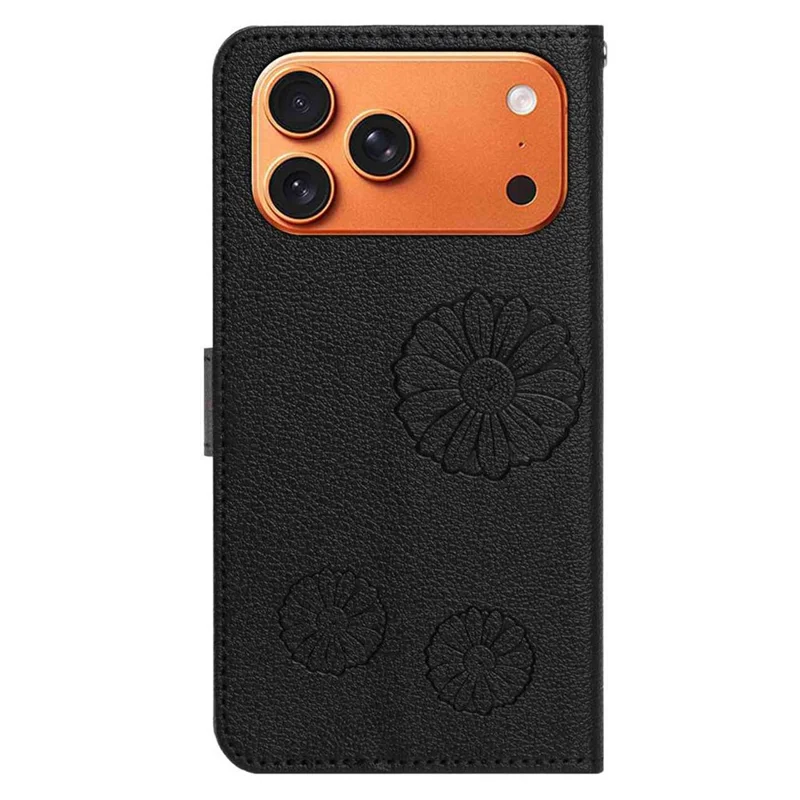 For iPhone 18 Pro Max / 17 Pro Max Wallet Case Daisy Pattern PU Leather Phone Cover with Wrist Strap - Black