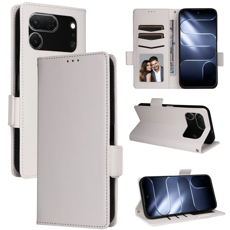 For TECNO Spark 50 Pro 4G Case Litchi Texture Wallet Leather Phone Cover with Wrist Strap - White