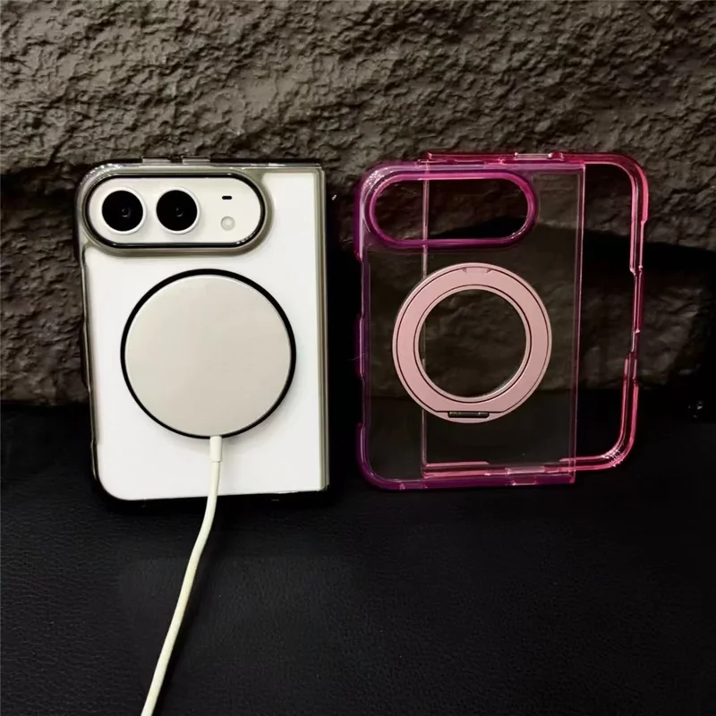 For iPhone Duo Case Magnetic Rotating Kickstand Acrylic Split Anti-Yellowing Folding Phone Cover - Black