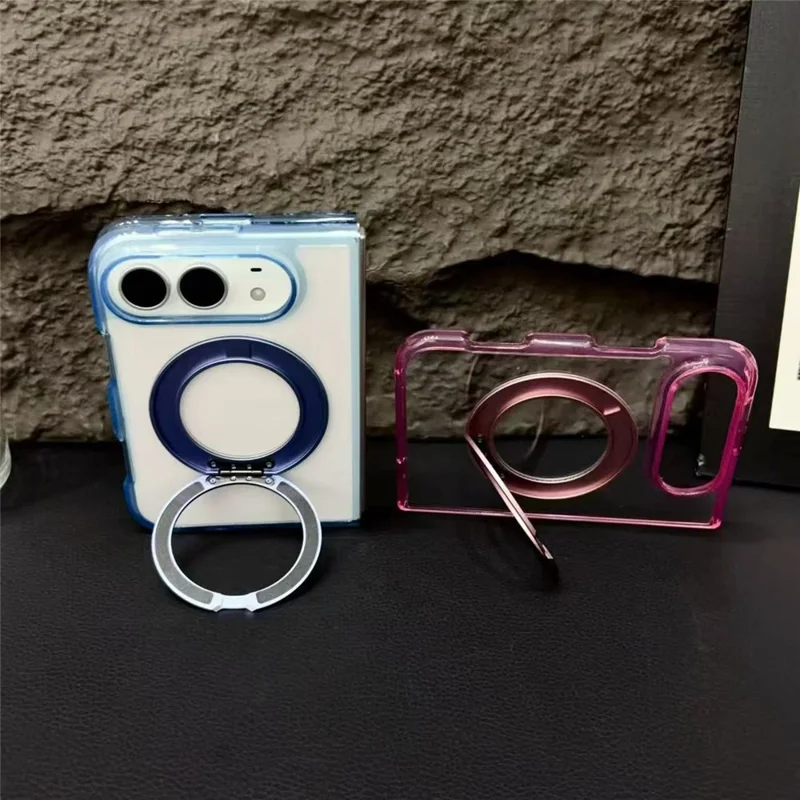 For iPhone Duo Case Magnetic Rotating Kickstand Acrylic Split Anti-Yellowing Folding Phone Cover - Black