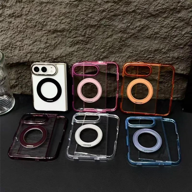 For iPhone Duo Case Magnetic Rotating Kickstand Acrylic Split Anti-Yellowing Folding Phone Cover - Black