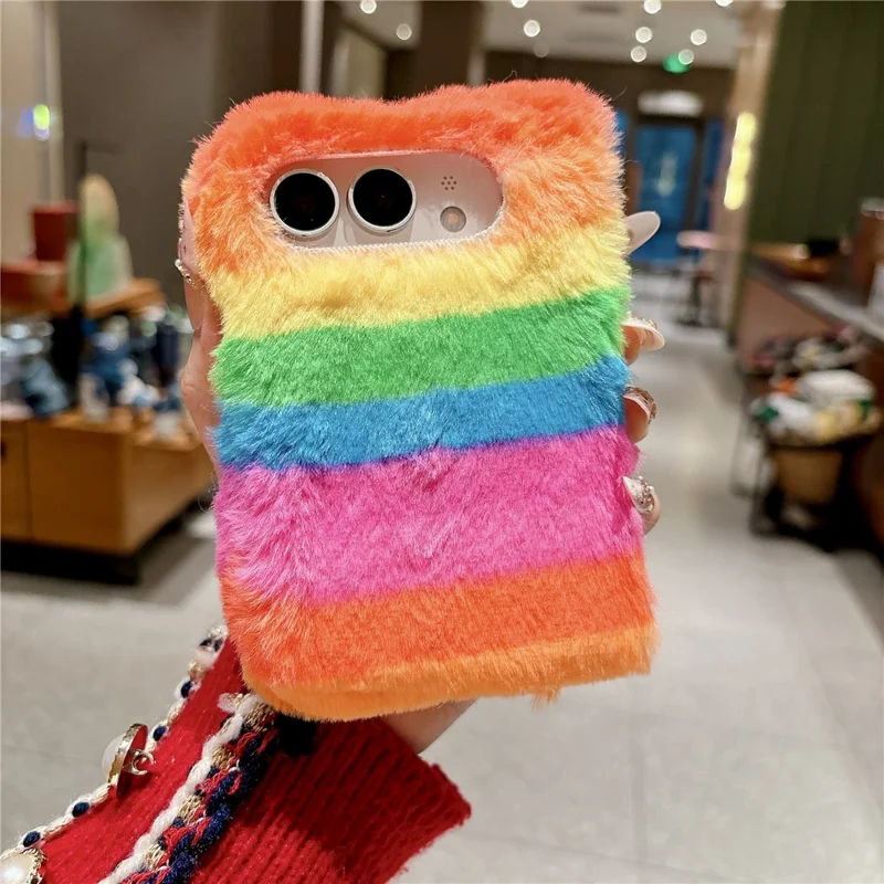 For iPhone Duo Plush Case Rainbow Horizontal Stripe Warm Fluffy + PC Phone Protective Cover - Multicolor