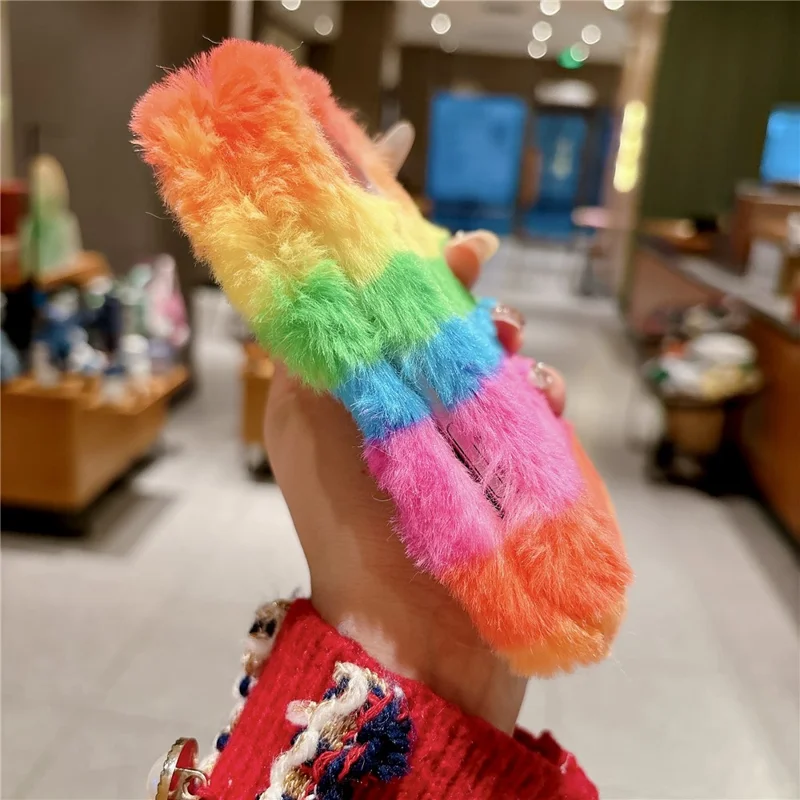 For iPhone Duo Plush Case Rainbow Horizontal Stripe Warm Fluffy + PC Phone Protective Cover - Multicolor