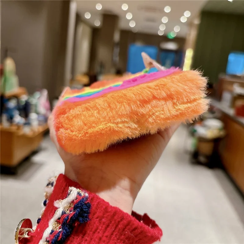 For iPhone Duo Plush Case Rainbow Horizontal Stripe Warm Fluffy + PC Phone Protective Cover - Multicolor