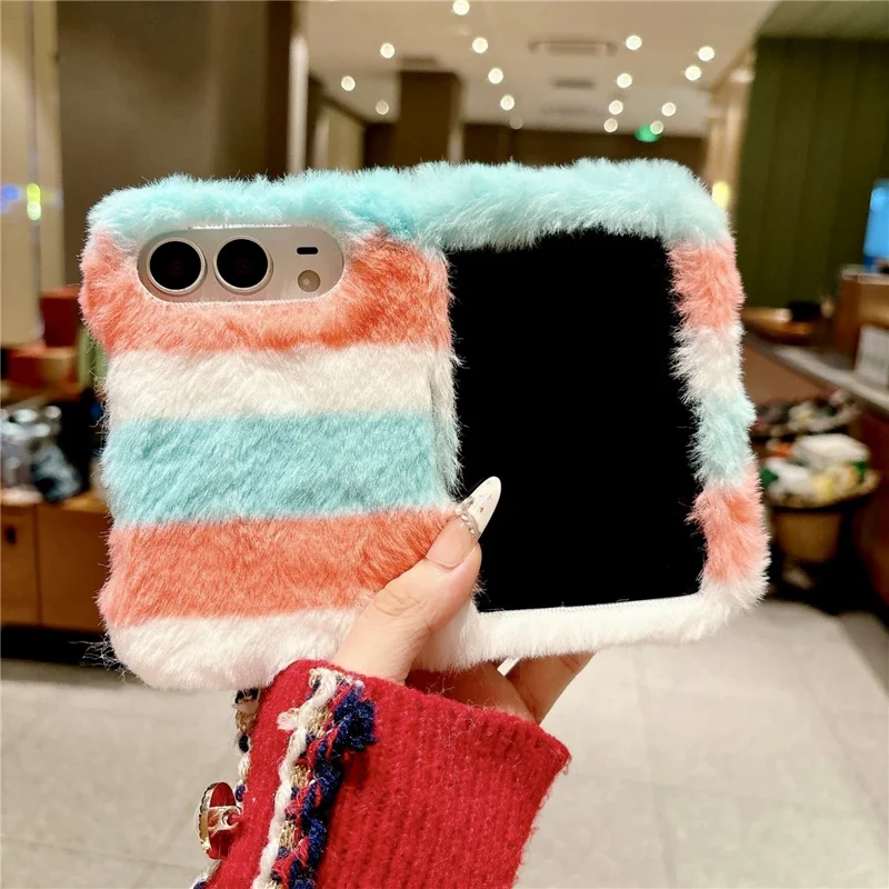 For iPhone Duo Plush Case Rainbow Horizontal Stripe Warm Fluffy + PC Phone Protective Cover - Multicolor
