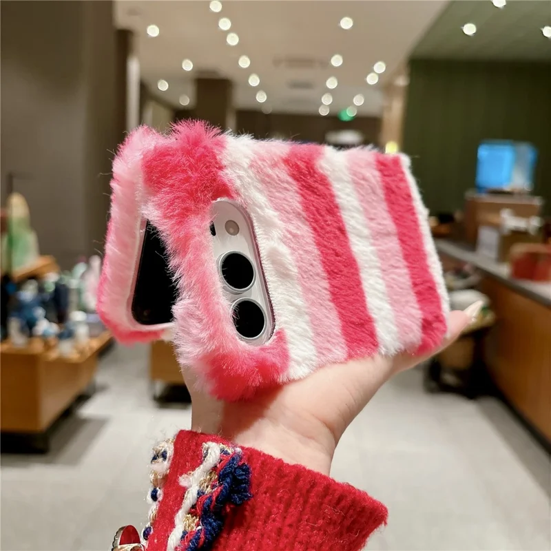 For iPhone Duo Plush Case Rainbow Horizontal Stripe Warm Fluffy + PC Phone Protective Cover - Multicolor