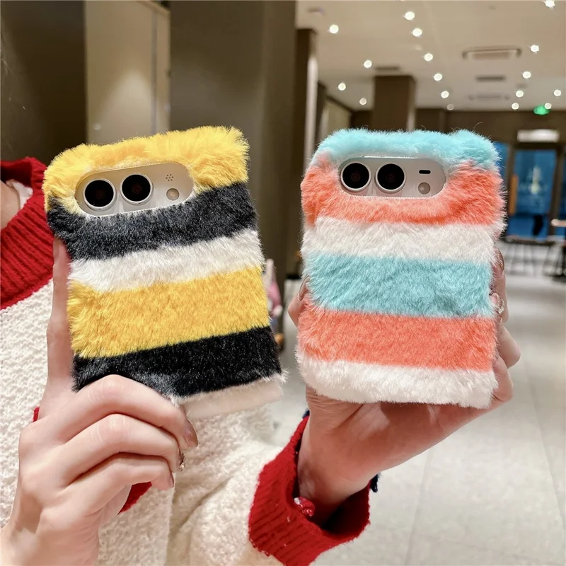 For iPhone Duo Plush Case Rainbow Horizontal Stripe Warm Fluffy + PC Phone Protective Cover - Multicolor