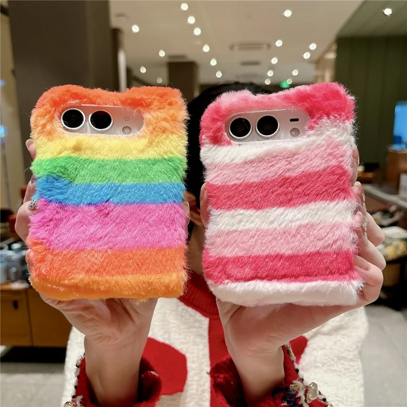 For iPhone Duo Plush Case Rainbow Horizontal Stripe Warm Fluffy + PC Phone Protective Cover - Multicolor