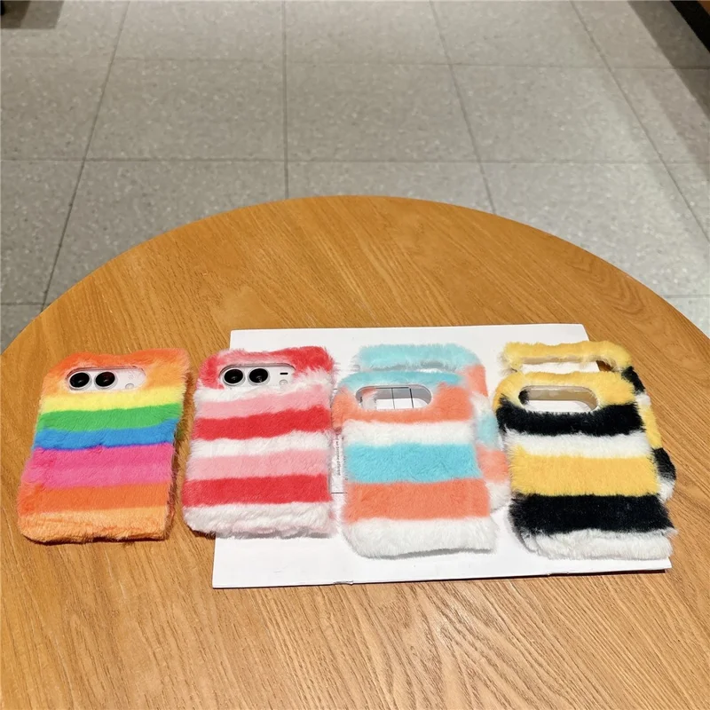 For iPhone Duo Plush Case Rainbow Horizontal Stripe Warm Fluffy + PC Phone Protective Cover - Multicolor