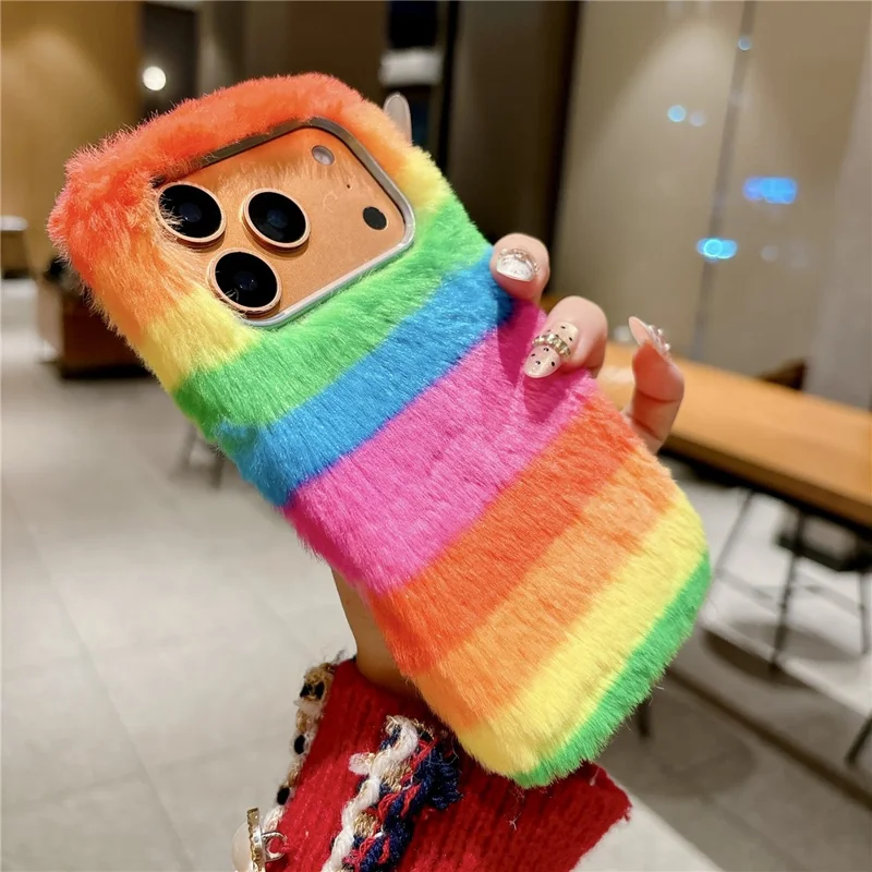 For iPhone 18 Pro / 17 Pro Plush Case Horizontal Stripe Warm Fluffy TPU Phone Cover - Multicolor