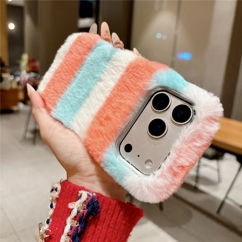 For iPhone 18 Pro / 17 Pro Plush Case Horizontal Stripe Warm Fluffy TPU Phone Cover - Multicolor