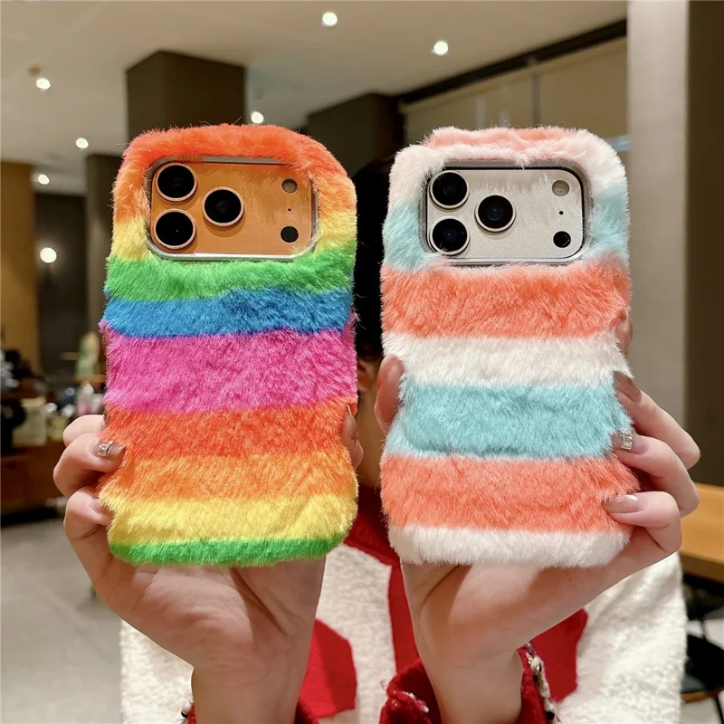 For iPhone 18 Pro / 17 Pro Plush Case Horizontal Stripe Warm Fluffy TPU Phone Cover - Multicolor
