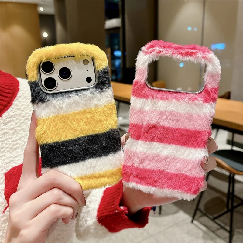 For iPhone 18 Pro Max / 17 Pro Max Plush Case Horizontal Stripe Warm Fluffy TPU Phone Cover - Multicolor