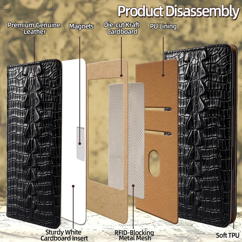 For iPhone 14 Plus Case Crocodile Pattern Genuine Cow Leather RFID Blocking Wallet Stand Phone Cover - Black