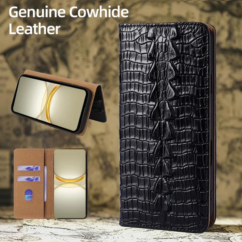 For iPhone 11 Pro Max Case Crocodile Pattern Genuine Cow Leather RFID Blocking Wallet Stand Phone Cover - Black