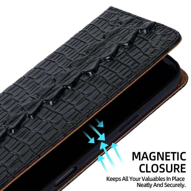 For iPhone 11 Pro Max Case Crocodile Pattern Genuine Cow Leather RFID Blocking Wallet Stand Phone Cover - Black