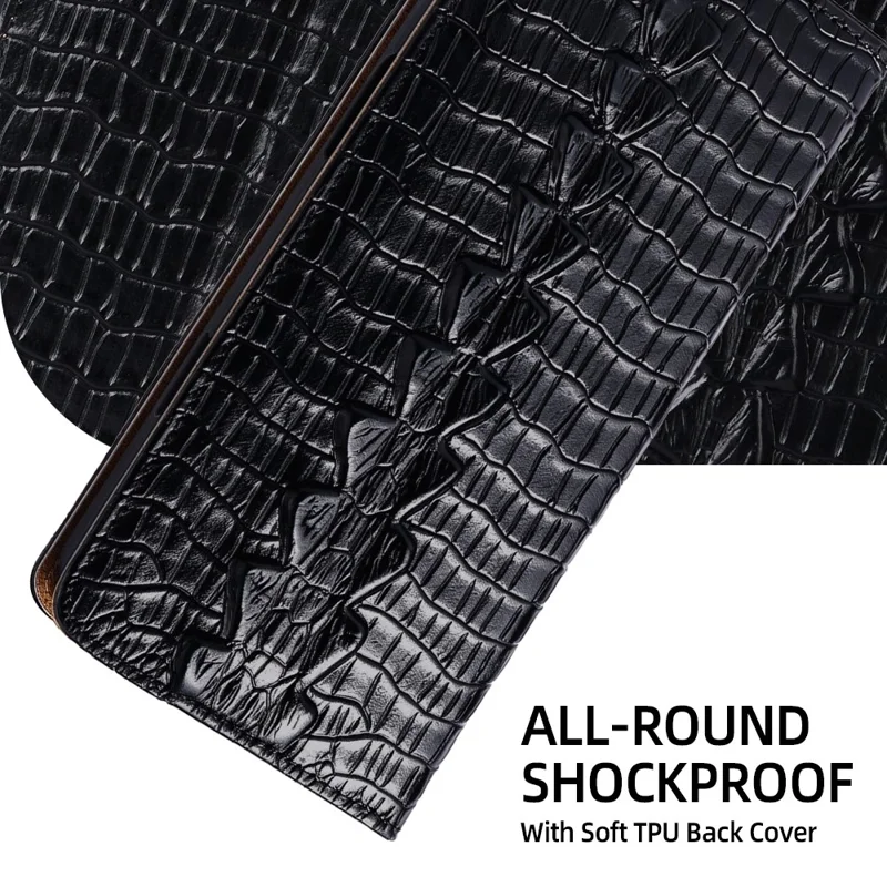 For iPhone 11 Pro Max Case Crocodile Pattern Genuine Cow Leather RFID Blocking Wallet Stand Phone Cover - Black