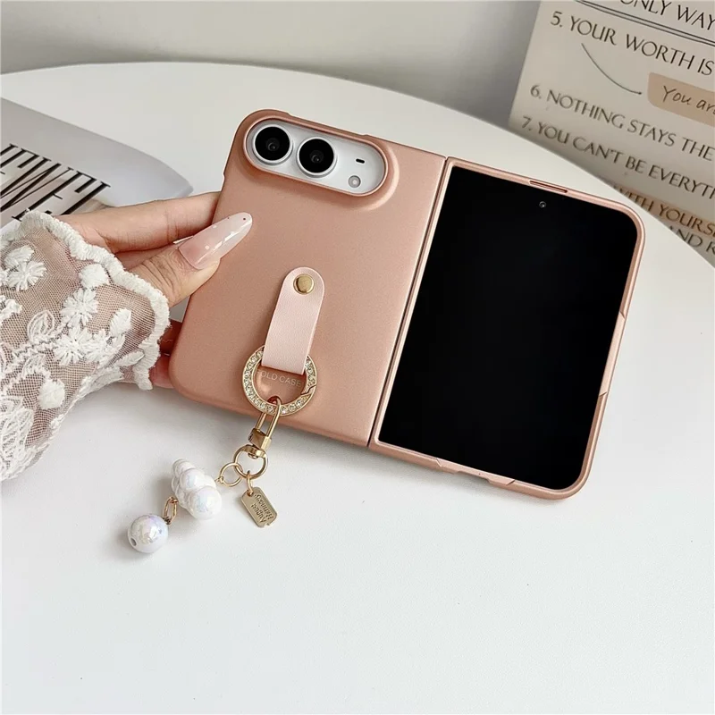 For iPhone Duo Case Ultra Slim PC Phone Cover with Pearl Pendant - Pink