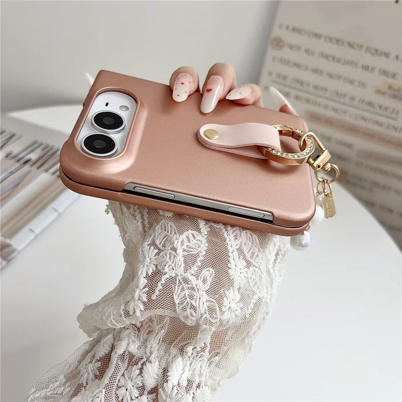 For iPhone Duo Case Ultra Slim PC Phone Cover with Pearl Pendant - Pink