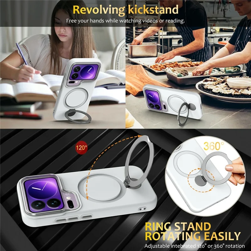 For Xiaomi 17 Pro Max Magnetic Case Rotating Ring Kickstand TPU + PC Back Cover - White