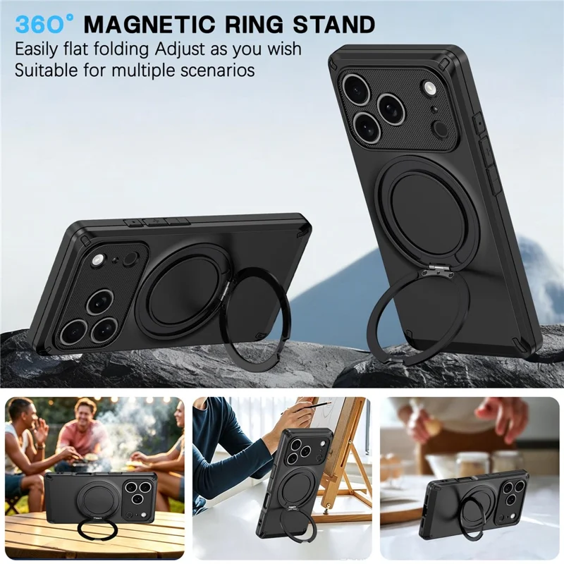 Für iPhone 17 Pro Magnetische Hülle Mit Drehbarem Ständer Für Die Ecke Stoßfest, Mattes PC + TPU-Telefoncover - Schwarz