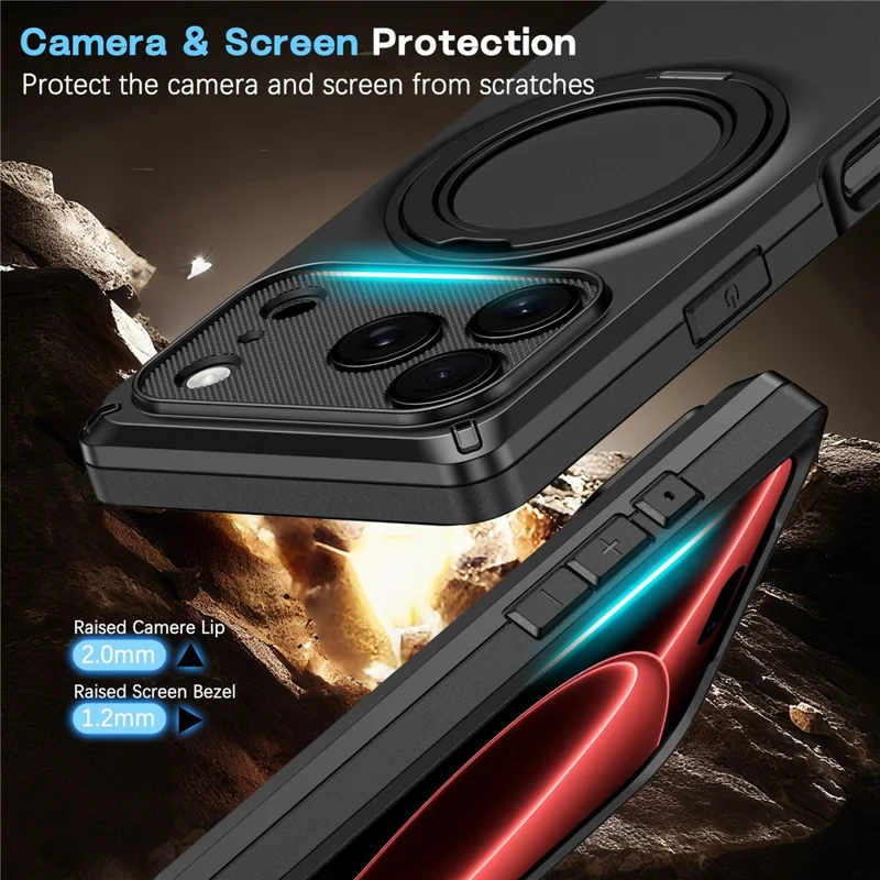 Für iPhone 17 Pro Max Magnetische Hülle mit Drehbarem Ständer, Eckenstoßfest, Mattes PC + TPU Telefonetui - Schwarz