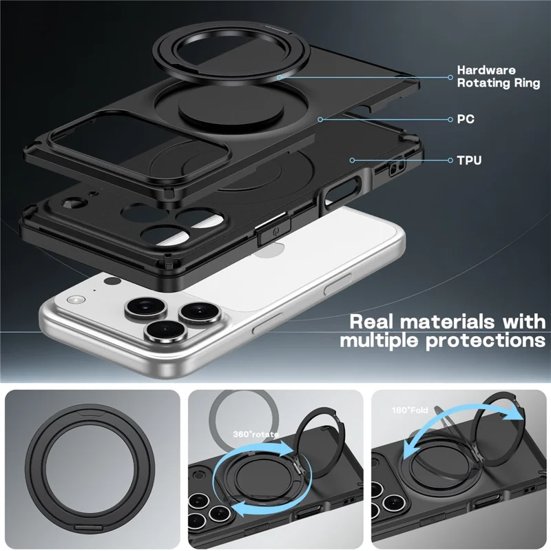 Für iPhone 17 Pro Max Magnetische Hülle mit Drehbarem Ständer, Eckenstoßfest, Mattes PC + TPU Telefonetui - Schwarz