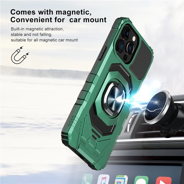 Rückenhülle Mit Kickstand Für Iphone 13 Pro 6,1 Zoll, Luftkissen PC + TPU Hybrid Phone Case Eingebaute Magnethalter Metallblech - Mitternacht Grün