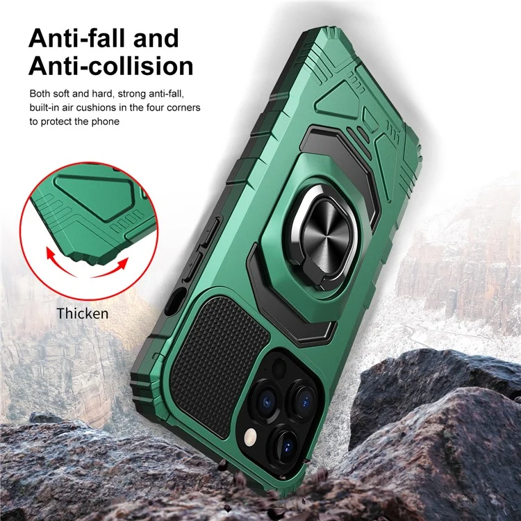 Rückenhülle Mit Kickstand Für Iphone 13 Pro 6,1 Zoll, Luftkissen PC + TPU Hybrid Phone Case Eingebaute Magnethalter Metallblech - Mitternacht Grün