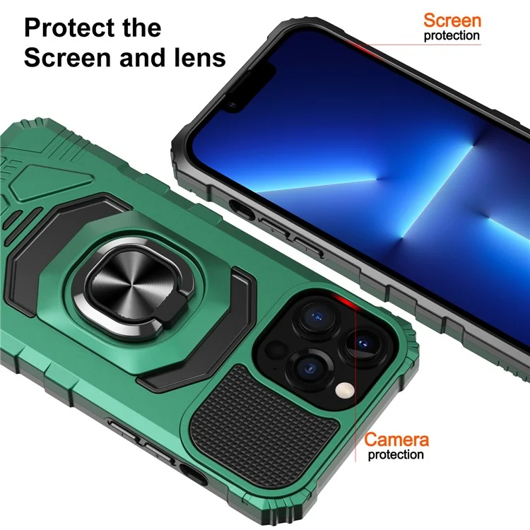 Rückenhülle Mit Kickstand Für Iphone 13 Pro 6,1 Zoll, Luftkissen PC + TPU Hybrid Phone Case Eingebaute Magnethalter Metallblech - Mitternacht Grün