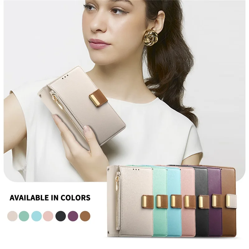 For iPhone Duo Case Wallet Zipper Pocket Stand Folio Leather Phone Cover - Beige