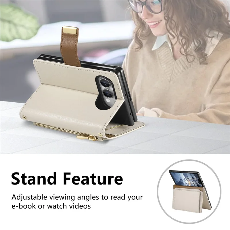 For iPhone Duo Case Wallet Zipper Pocket Stand Folio Leather Phone Cover - Beige