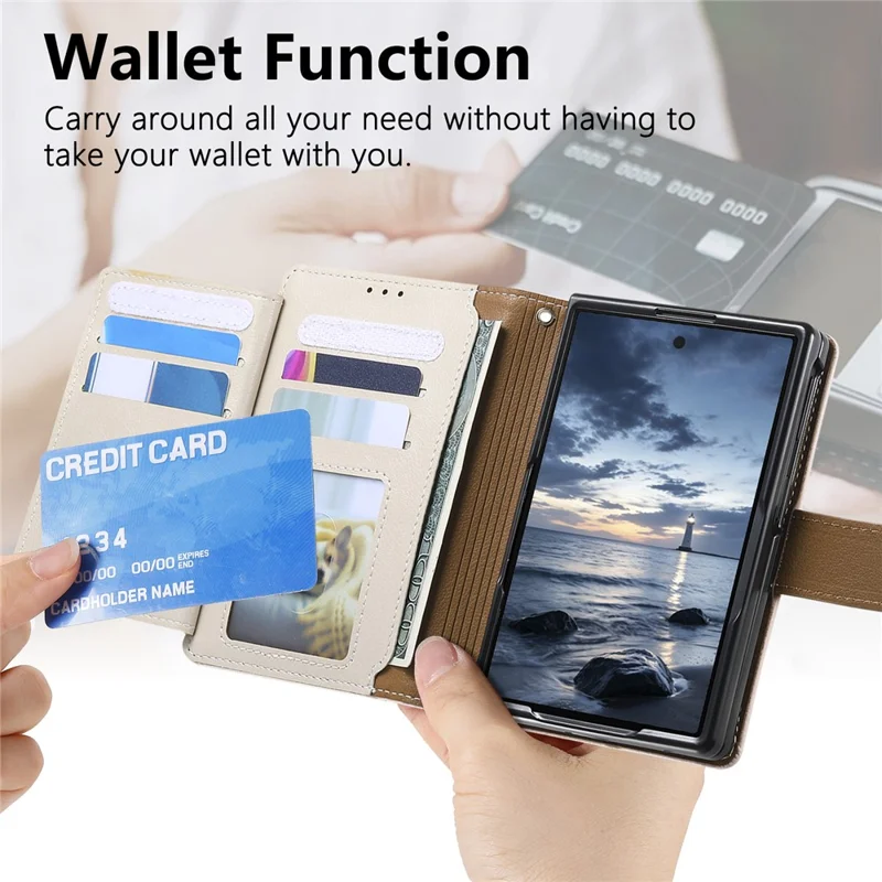 For iPhone Duo Case Wallet Zipper Pocket Stand Folio Leather Phone Cover - Beige