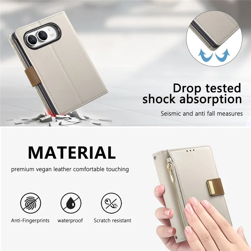 For iPhone Duo Case Wallet Zipper Pocket Stand Folio Leather Phone Cover - Beige