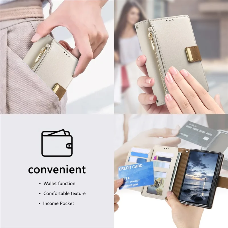 For iPhone Duo Case Wallet Zipper Pocket Stand Folio Leather Phone Cover - Beige