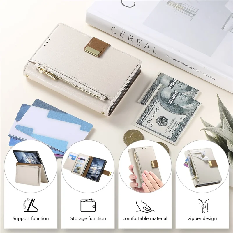 For iPhone Duo Case Wallet Zipper Pocket Stand Folio Leather Phone Cover - Beige