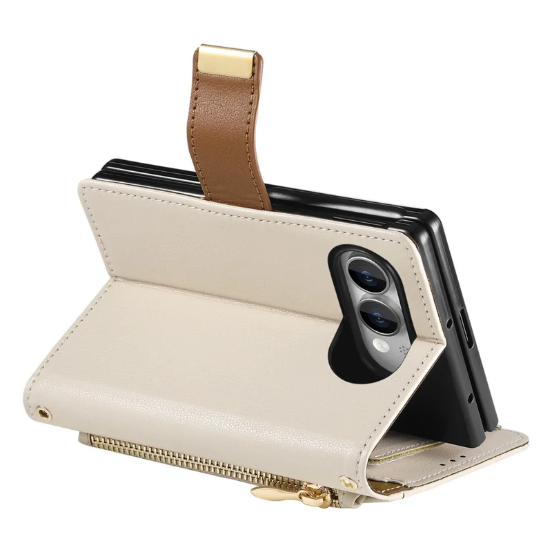 For iPhone Duo Case Wallet Zipper Pocket Stand Folio Leather Phone Cover - Beige