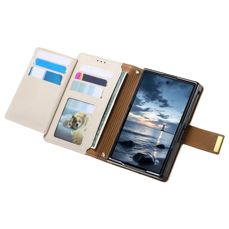 For iPhone Duo Case Wallet Zipper Pocket Stand Folio Leather Phone Cover - Beige