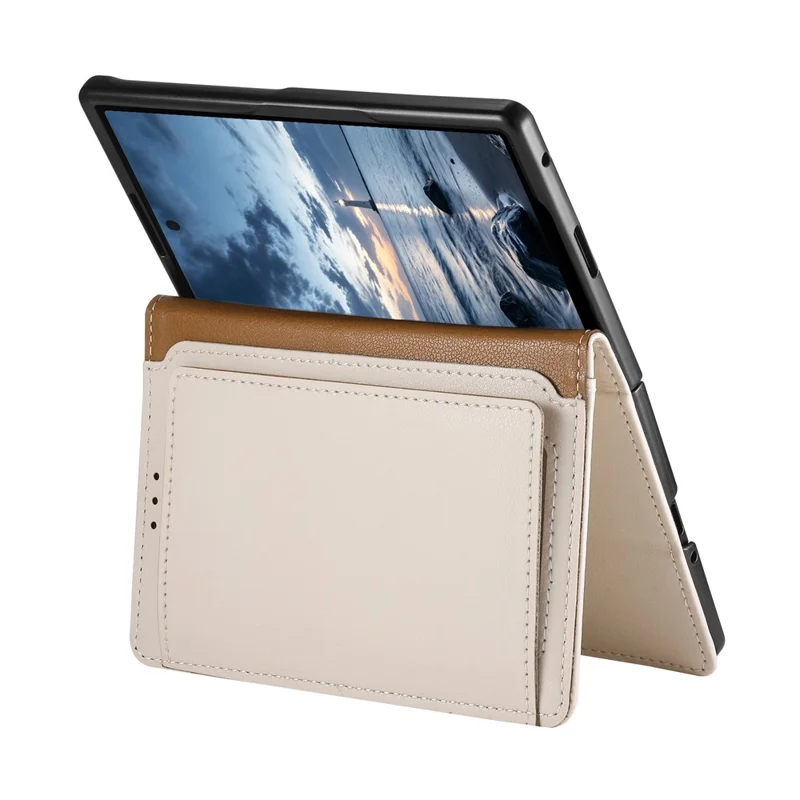 For iPhone Duo Case Wallet Zipper Pocket Stand Folio Leather Phone Cover - Beige