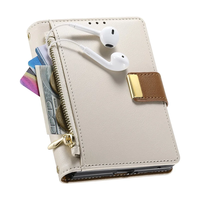 For iPhone Duo Case Wallet Zipper Pocket Stand Folio Leather Phone Cover - Beige