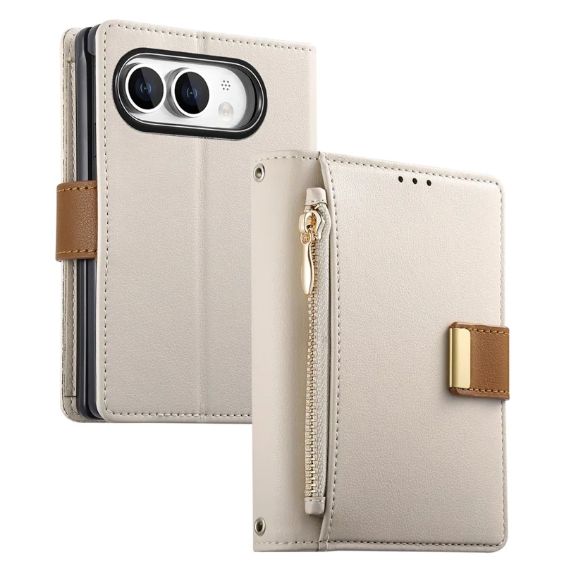 For iPhone Duo Case Wallet Zipper Pocket Stand Folio Leather Phone Cover - Beige