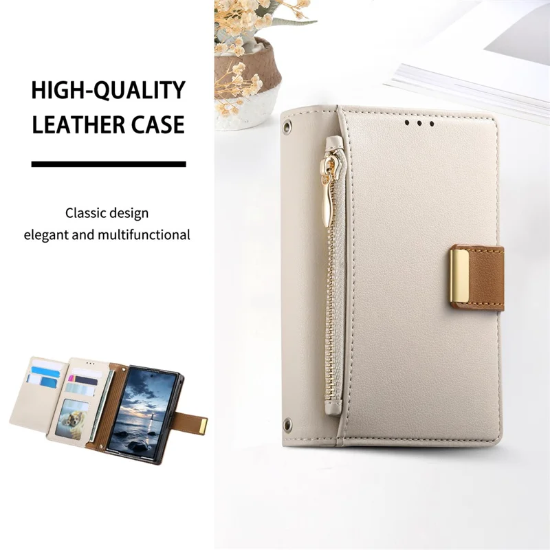 For iPhone Duo Case Wallet Zipper Pocket Stand Folio Leather Phone Cover - Beige