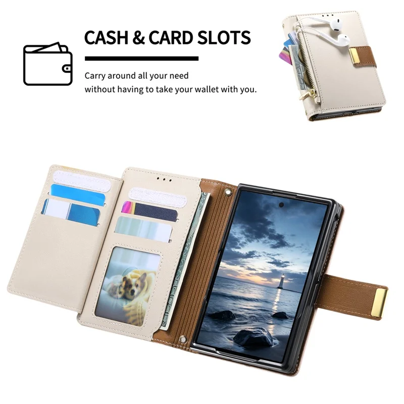 For iPhone Duo Case Wallet Zipper Pocket Stand Folio Leather Phone Cover - Beige