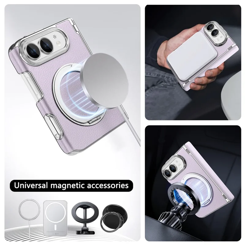 For iPhone Duo Case Magnetic Kickstand Automatic Rebound Hinge Litchi Texture Leather Phone Cover - Purple